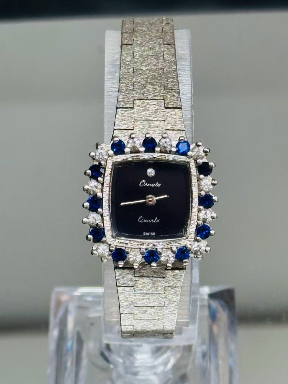 Vintage Women Swiss Quartz Watch Black Dial Blue Crystal Bezel New Battery Runs